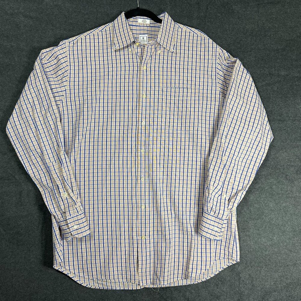 Peter Millar sz L 100% cotton Nanoluxe button up EASY CARE Blue Khaki Tan